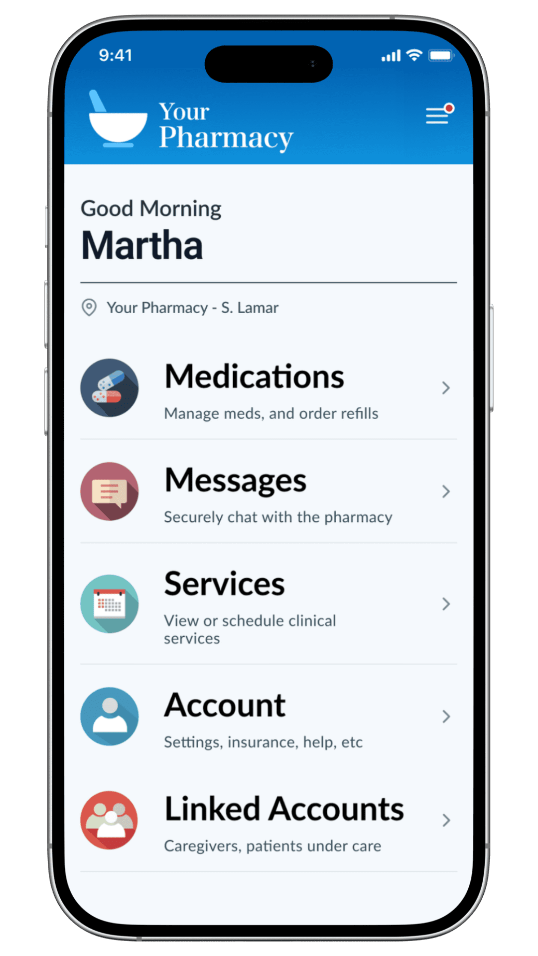 Patient Portal example showing medications, messages, services, account, and linked accounts