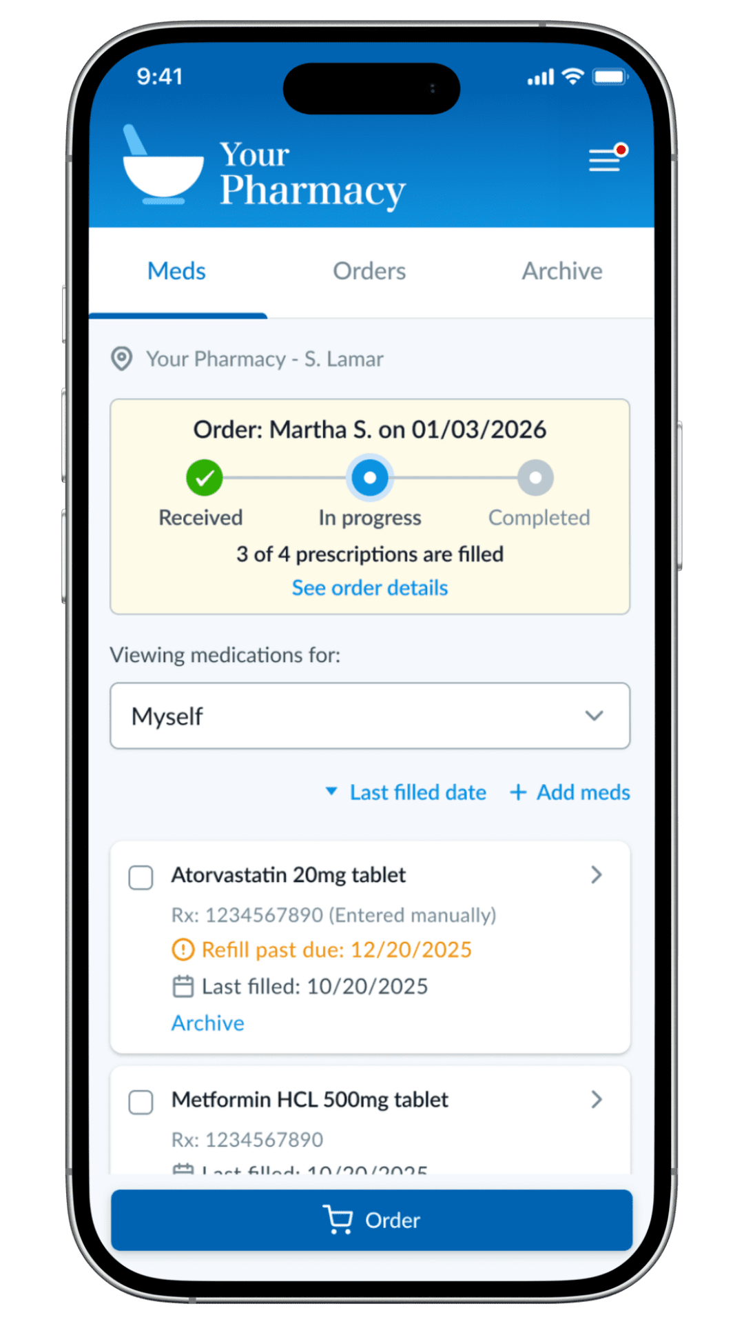 Patient Portal example showing prescription order progress and medication refill options